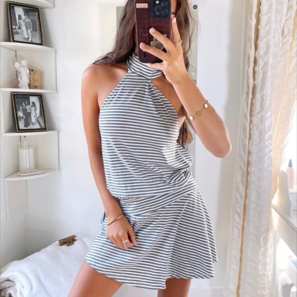 Adorable striped backless halter mini dress